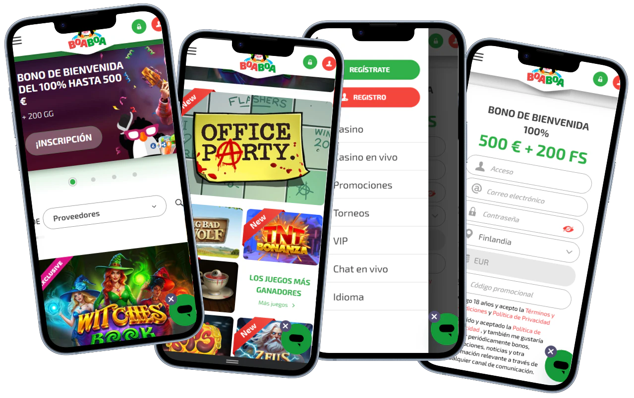 BoaBoa Casino versión móvil con bono, juegos, menú y registro